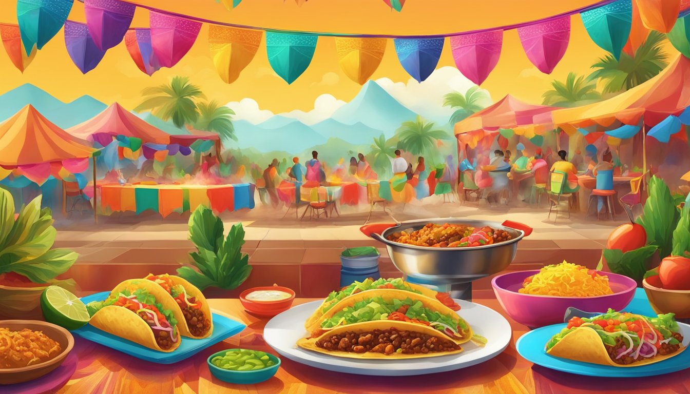 A vibrant fiesta scene with a steaming plate of spicy tacos surrounded by colorful decorations and lively music