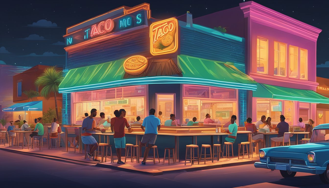 A bustling Miami street at night, neon signs illuminate a vibrant taco stand, diners enjoy their meals at outdoor tables