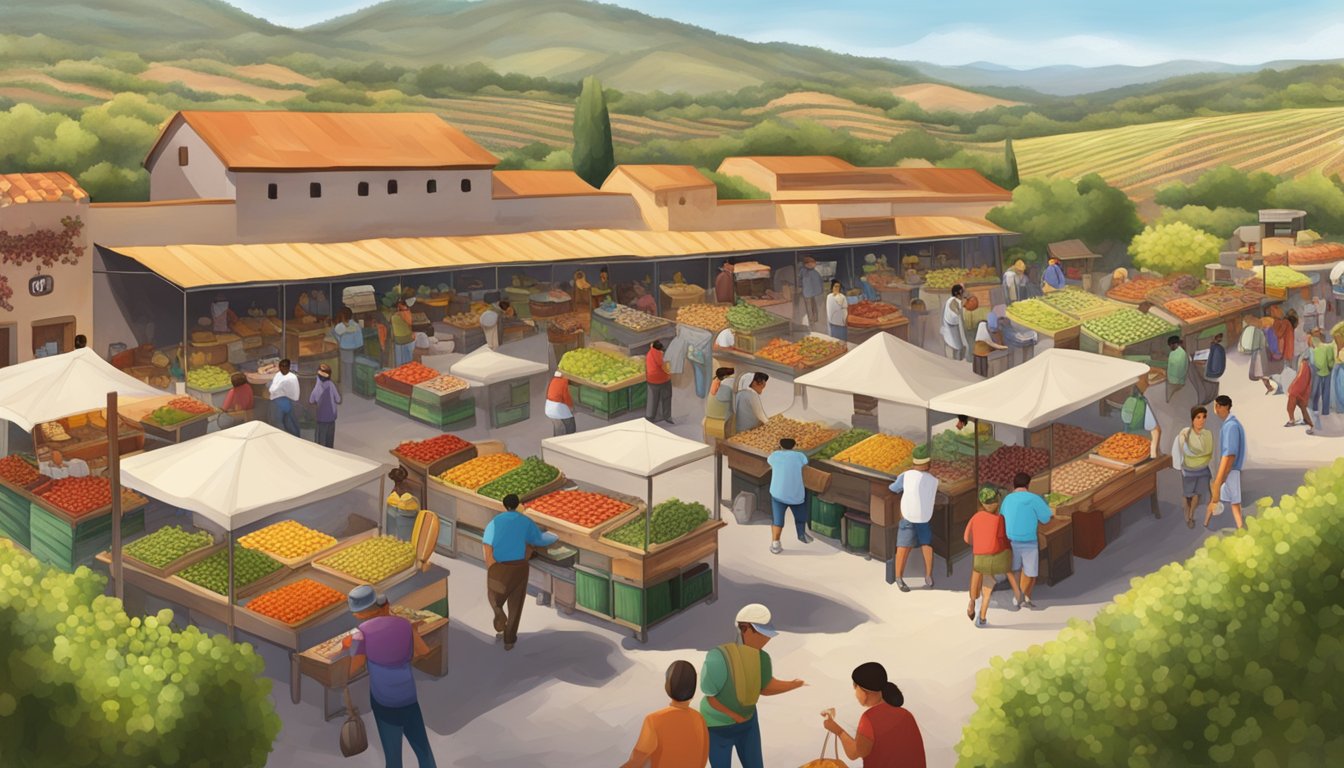 A bustling outdoor market with vendors selling fresh tacos and local produce, surrounded by vineyards and wineries in the Mexican wine country