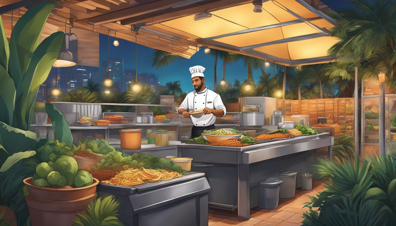 A chef using locally sourced ingredients to prepare tacos in a bustling Miami late-night scene. A compost bin is visible in the background