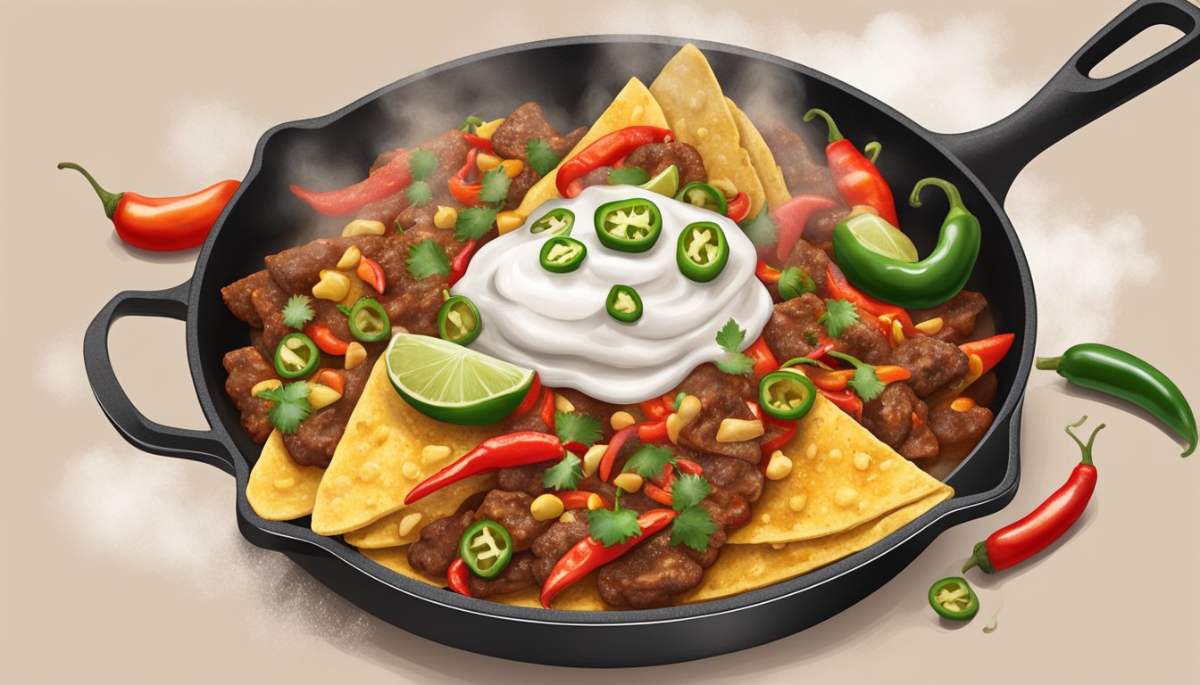 A sizzling skillet of tacos topped with fiery red chili peppers, jalapenos, and hot sauce, surrounded by a cloud of steam