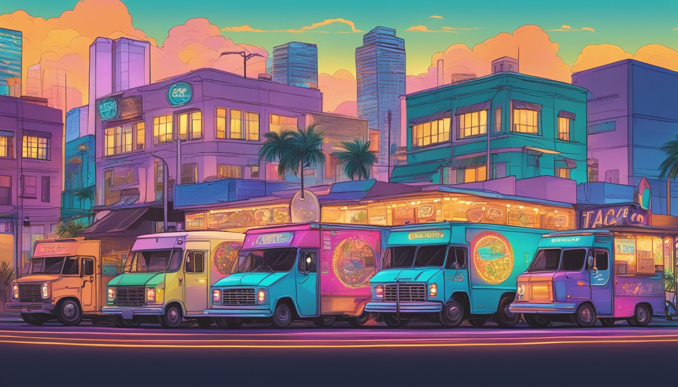 A bustling Miami street lined with colorful taco trucks under the glow of neon lights