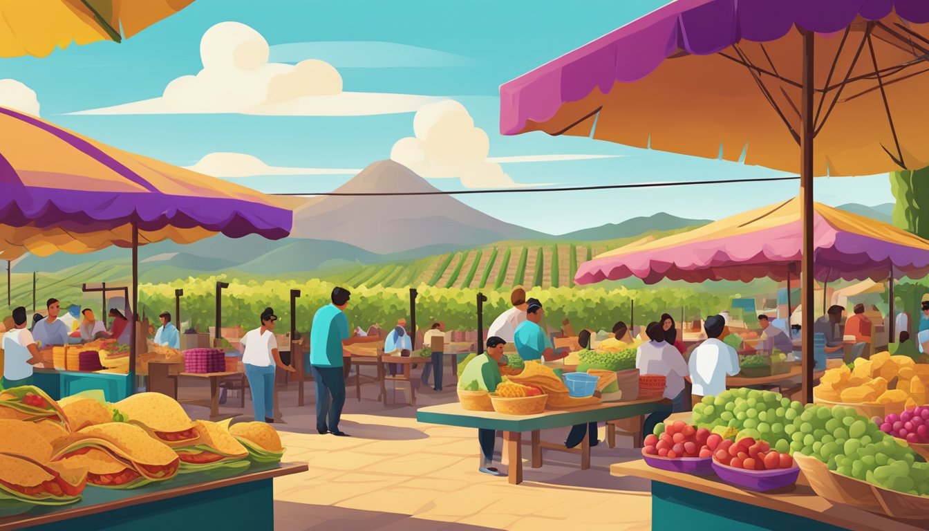 Vibrant market scene with colorful taco stands and vineyard backdrop in Mexican wine country