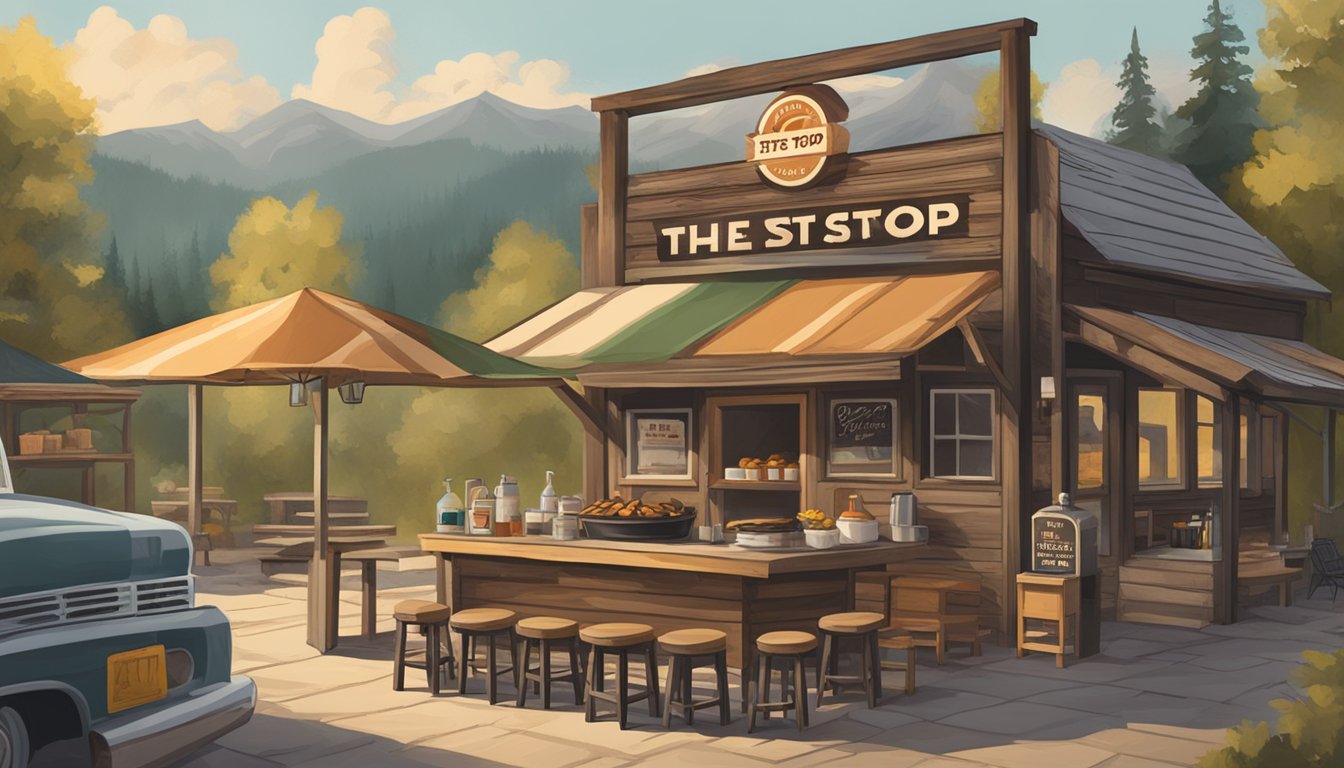 A rustic, outdoor barbecue joint with wooden picnic tables, a large smoker billowing fragrant smoke, and a sign proudly displaying "The Pit Stop - Vancouver."