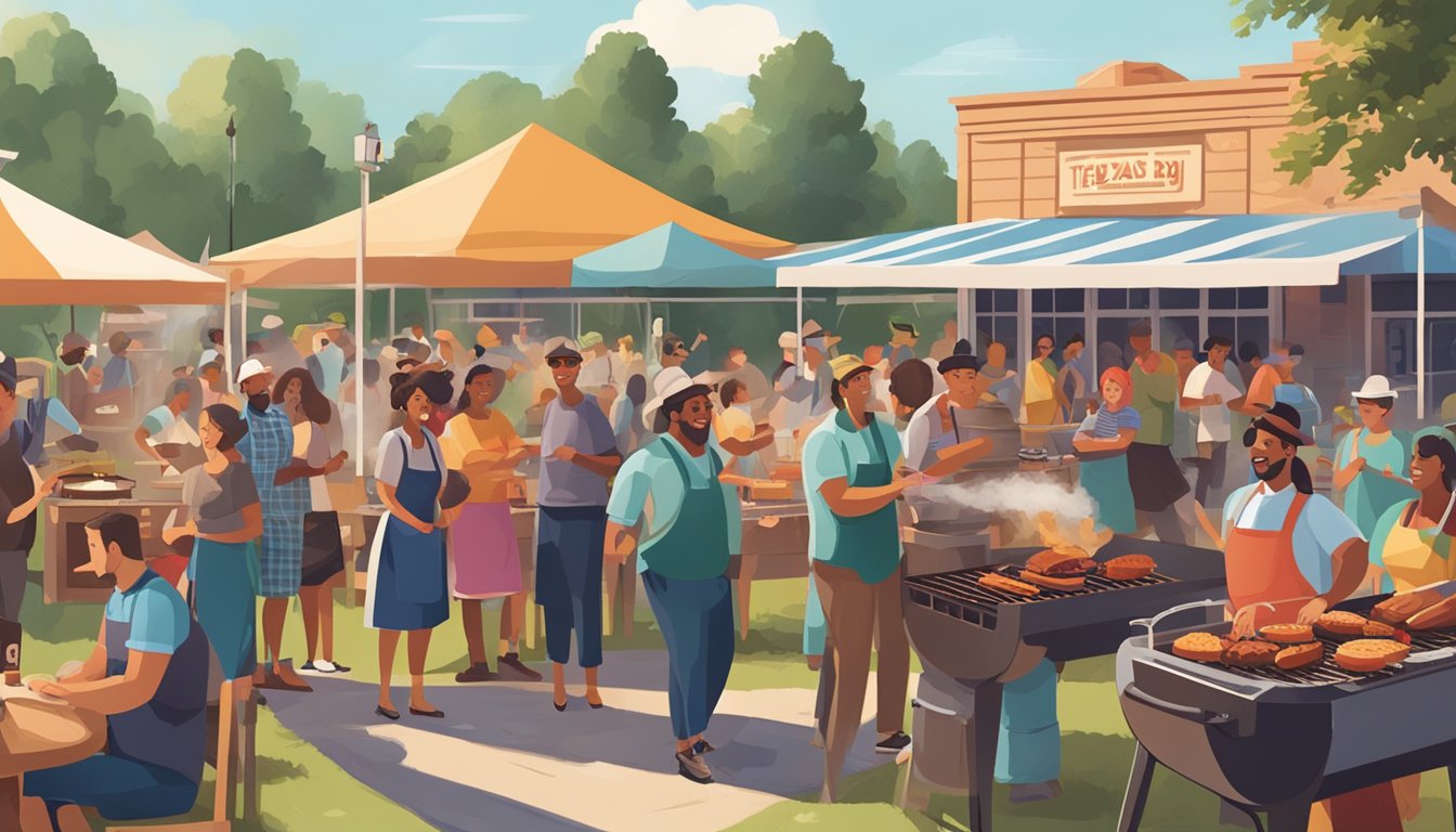 A bustling outdoor BBQ event with smoke rising from grills, people lining up for Texas-style BBQ, and a lively atmosphere with music and laughter