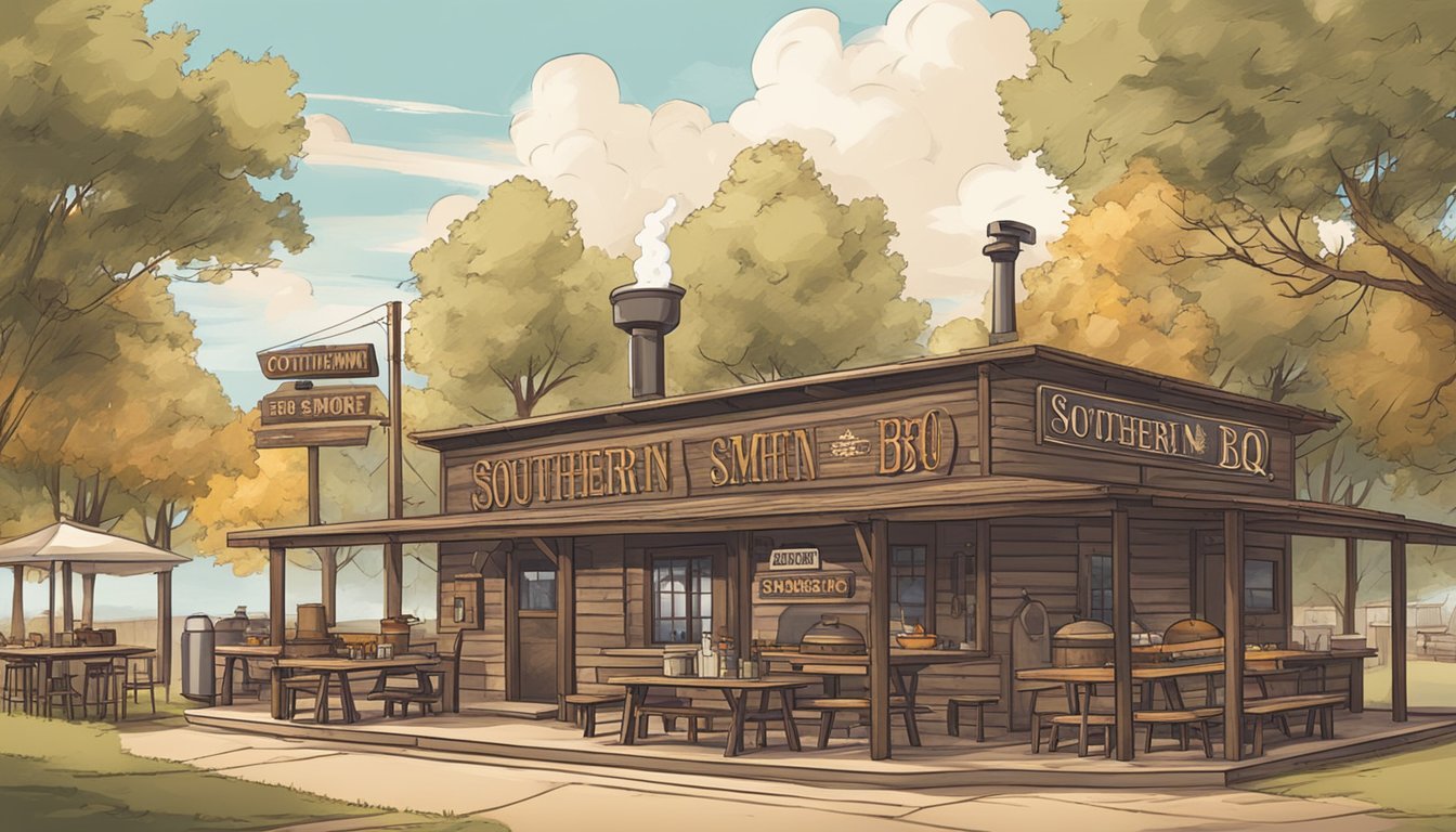 A rustic outdoor BBQ joint with a large smoker, picnic tables, and a sign reading "Southern Smoke BBQ - Ottawa." The aroma of smoky, savory meats fills the air