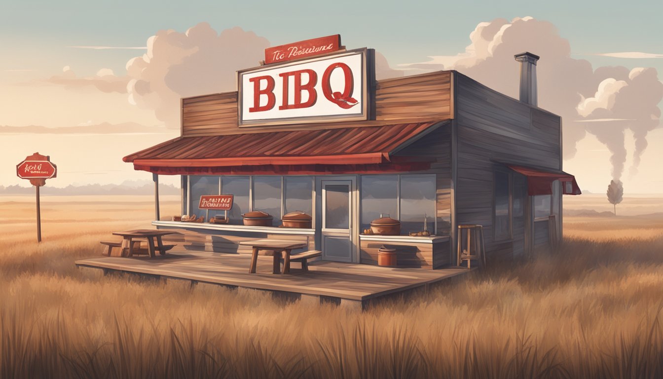 A rustic BBQ joint with a red and white sign, surrounded by prairie grass and a smoky aroma in the air