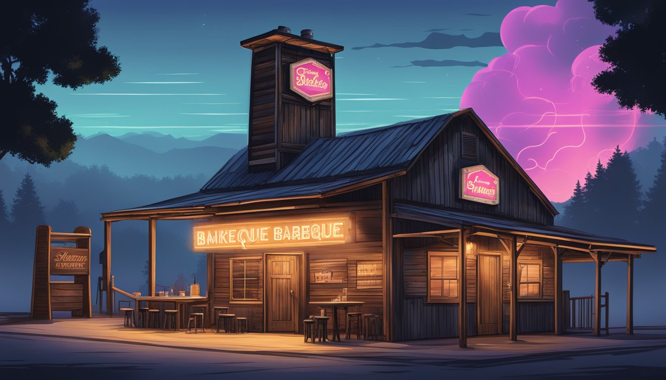 A rustic, Texas-style barbecue joint with a weathered wooden exterior, a smokestack billowing fragrant hickory smoke, and a welcoming, neon-lit sign