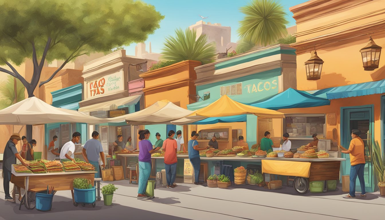 A vibrant street scene with a variety of taco vendors showcasing regional variations of tacos, from Baja California fish tacos to Oaxacan mole tacos