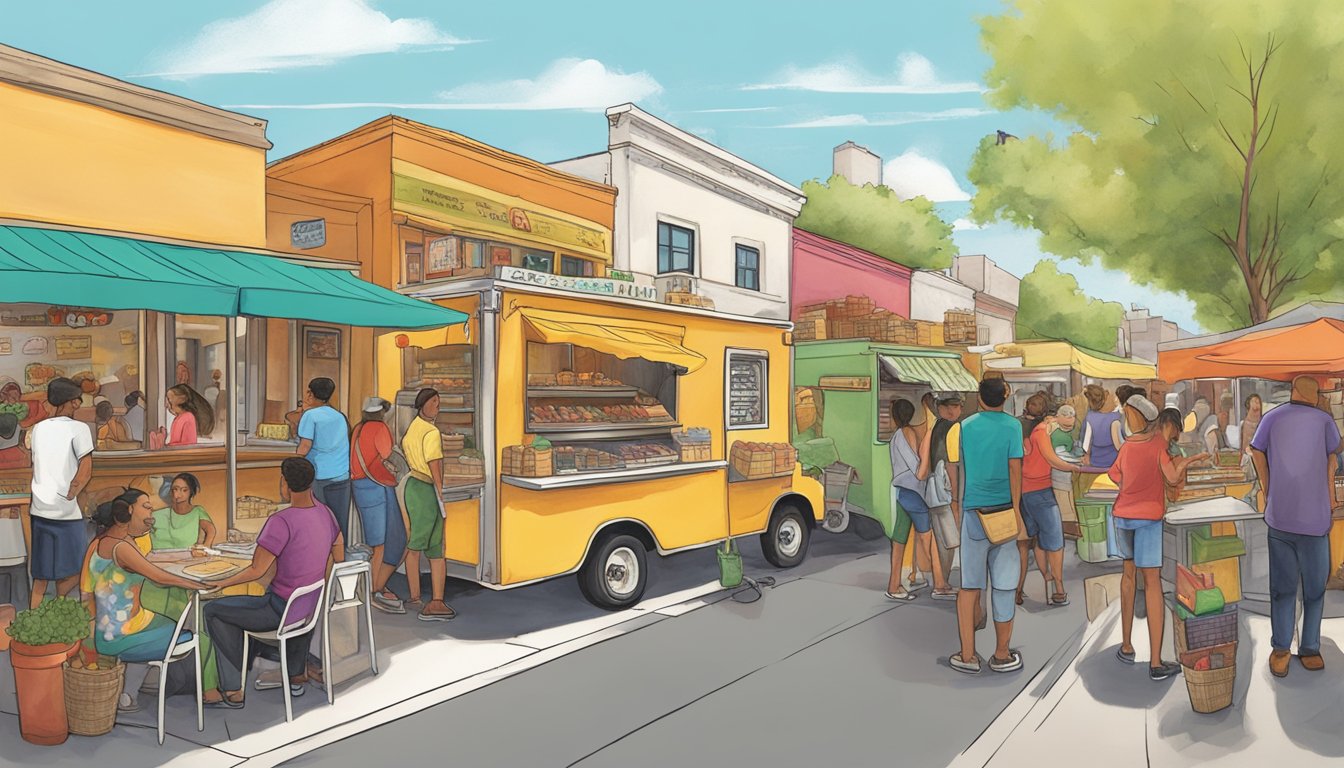 A bustling street lined with trendy taco trucks and colorful storefronts, as customers gather to savor gourmet taco creations in Texas