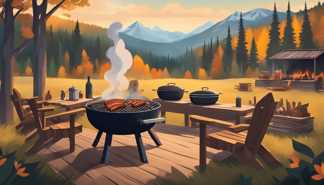 A smoky, outdoor BBQ pit with a variety of meats cooking over open flames, surrounded by rustic wooden tables and chairs, set against a backdrop of Canadian wilderness