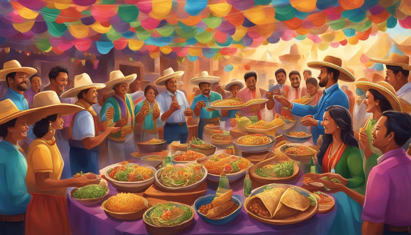 A vibrant fiesta with colorful decorations, mariachi music, and people enjoying a variety of tacos, representing the cultural significance and celebration of the evolution of tacos in Mexico's gastronomic scene