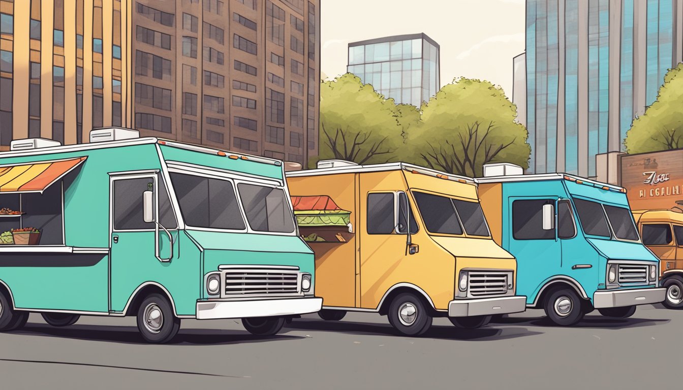 A line of traditional taco trucks facing off against a row of trendy gourmet taco stands in a bustling Texas food truck park