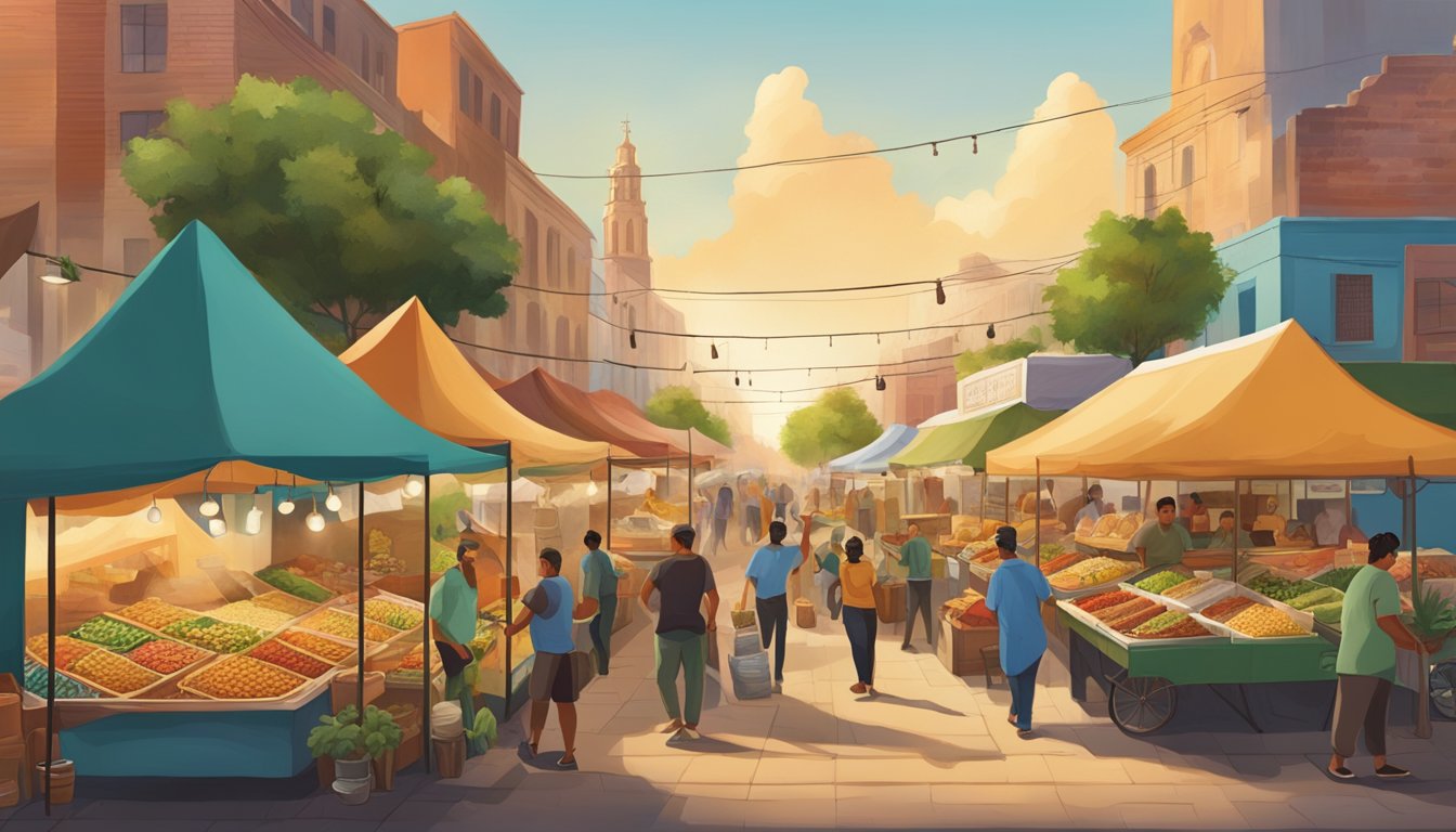 A bustling street market with vendors selling traditional and modern tacos, surrounded by vibrant murals and sustainable farming practices