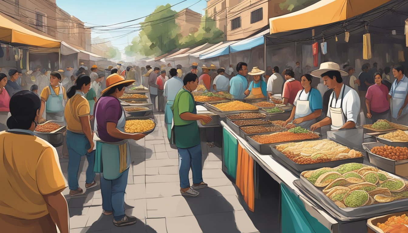 A bustling street market in Mexico City, filled with vendors selling innovative and traditional tacos. A mix of modern and ancient cooking techniques are on display, showcasing the evolution of Mexican gastronomy