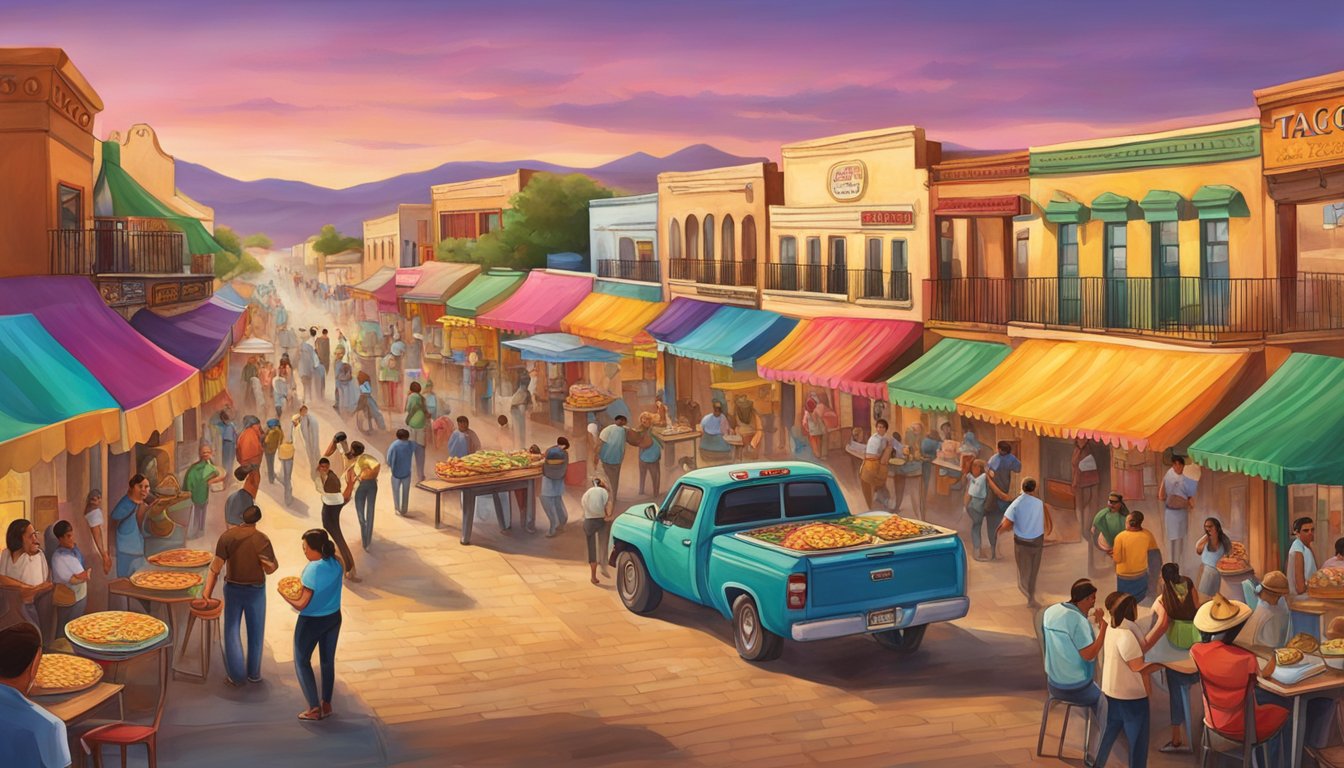 Colorful street scene with vibrant taco stands, mariachi music, and bustling crowds in Laredo's border town, capturing the unique flavor of the taco trail