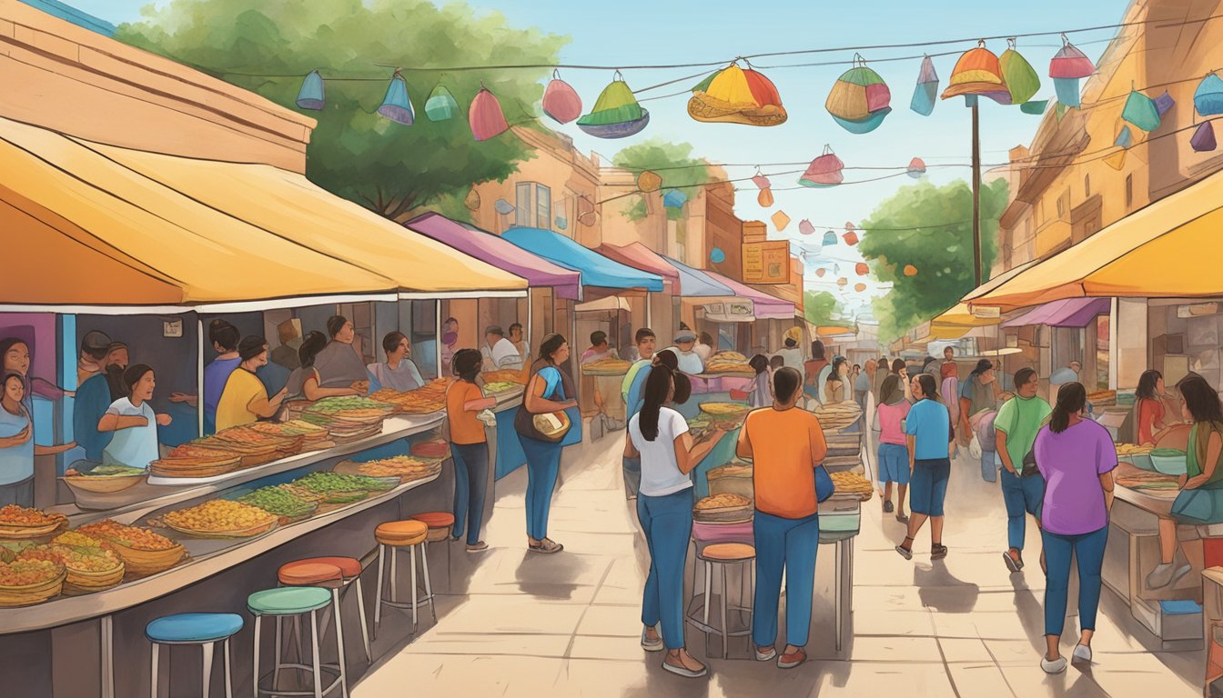 A bustling street lined with colorful taco stands and lively music, drawing in locals and tourists alike to savor the unique flavors of Laredo's border town taco trail