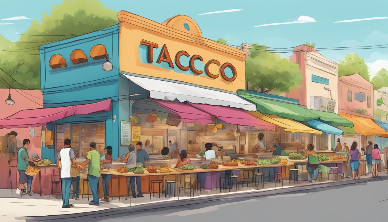 A bustling street lined with colorful taco stands, where locals and tourists alike sample a variety of traditional and innovative taco creations