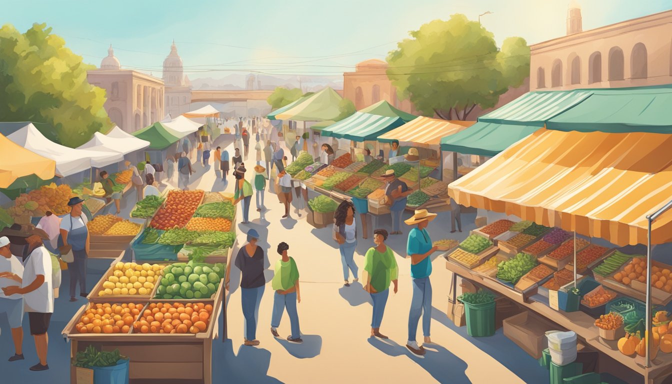 Vibrant farmers' market with colorful produce stalls and bustling taco trucks under the California sun