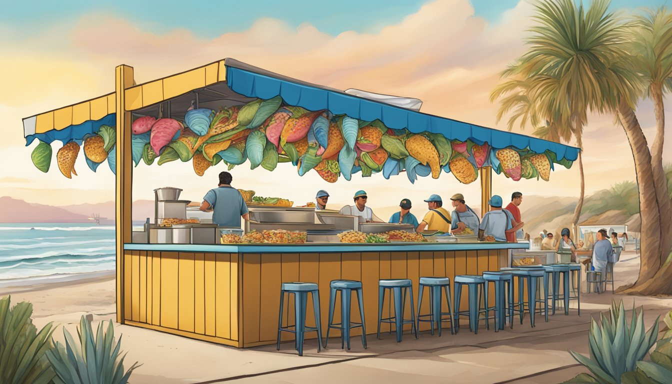 A bustling San Diego beachside taco stand showcases a colorful array of fish tacos, blending Mexican and Californian culinary influences