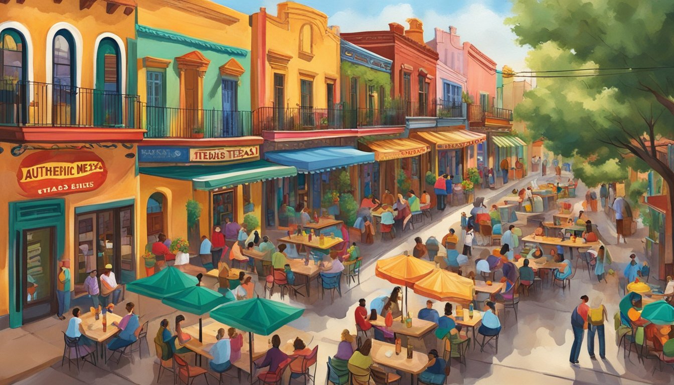 A bustling street lined with colorful, adobe-style buildings, adorned with vibrant murals and signs advertising "Authentic Texas Mex" cuisine. Outdoor seating and lively music create a festive atmosphere