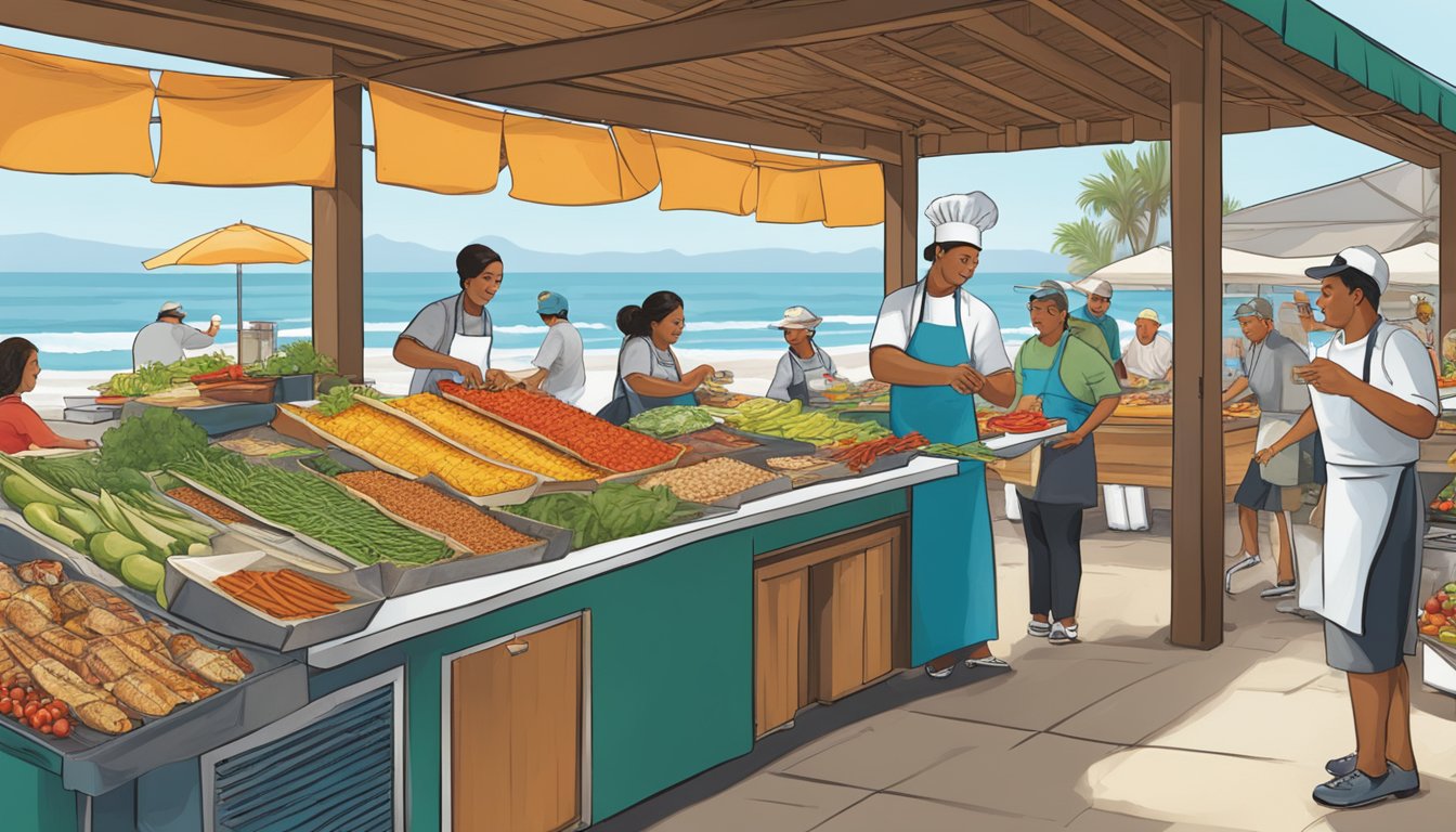 A bustling San Diego beachside market showcases fresh fish, vibrant produce, and traditional Mexican spices, as chefs expertly grill, slice, and assemble fish tacos