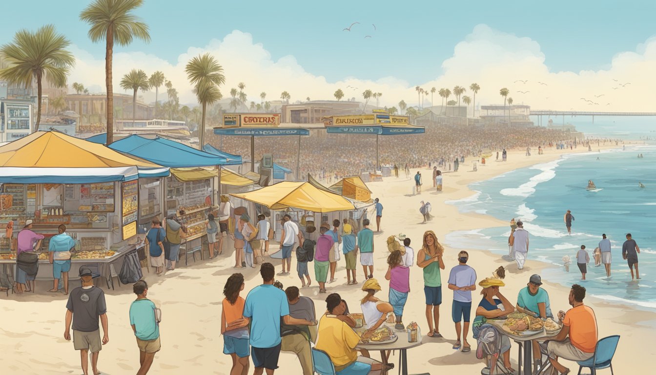 A bustling San Diego beachside scene with people enjoying fish tacos from various food stands, while local surfers and tourists mingle in the background