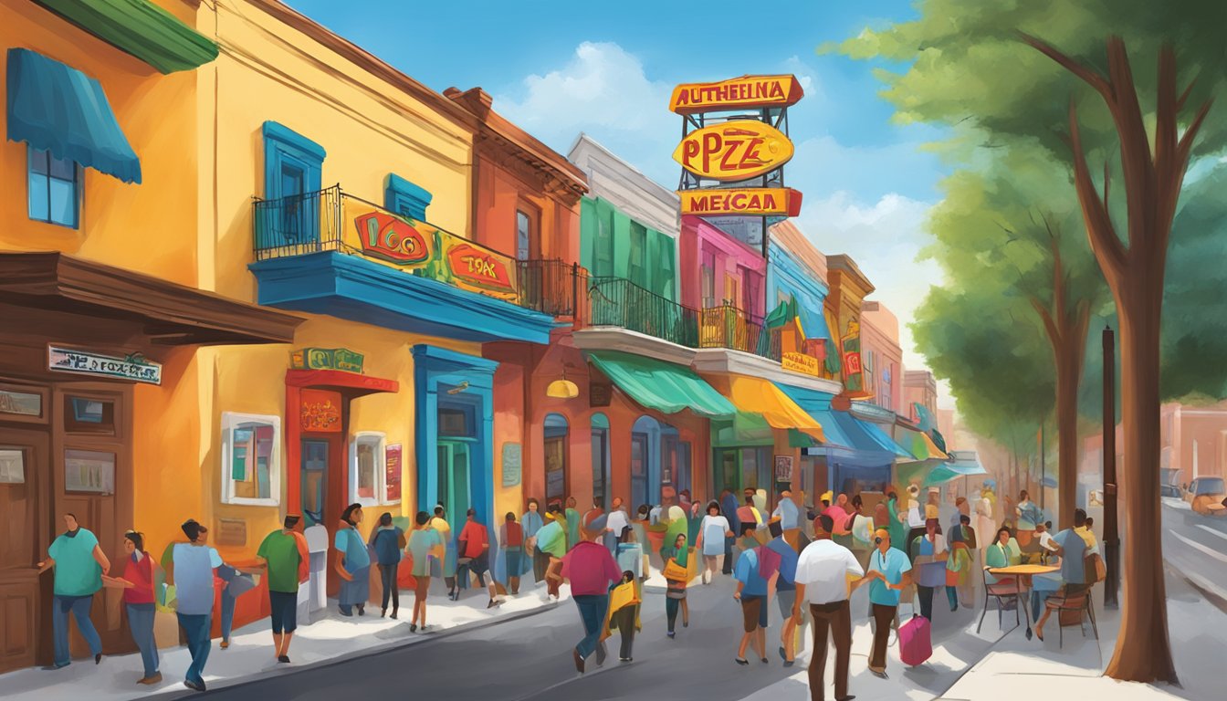 A bustling street in Philadelphia, with colorful signage and a vibrant atmosphere, leading to the entrance of Loco Pez authentic Texas Mexican restaurant