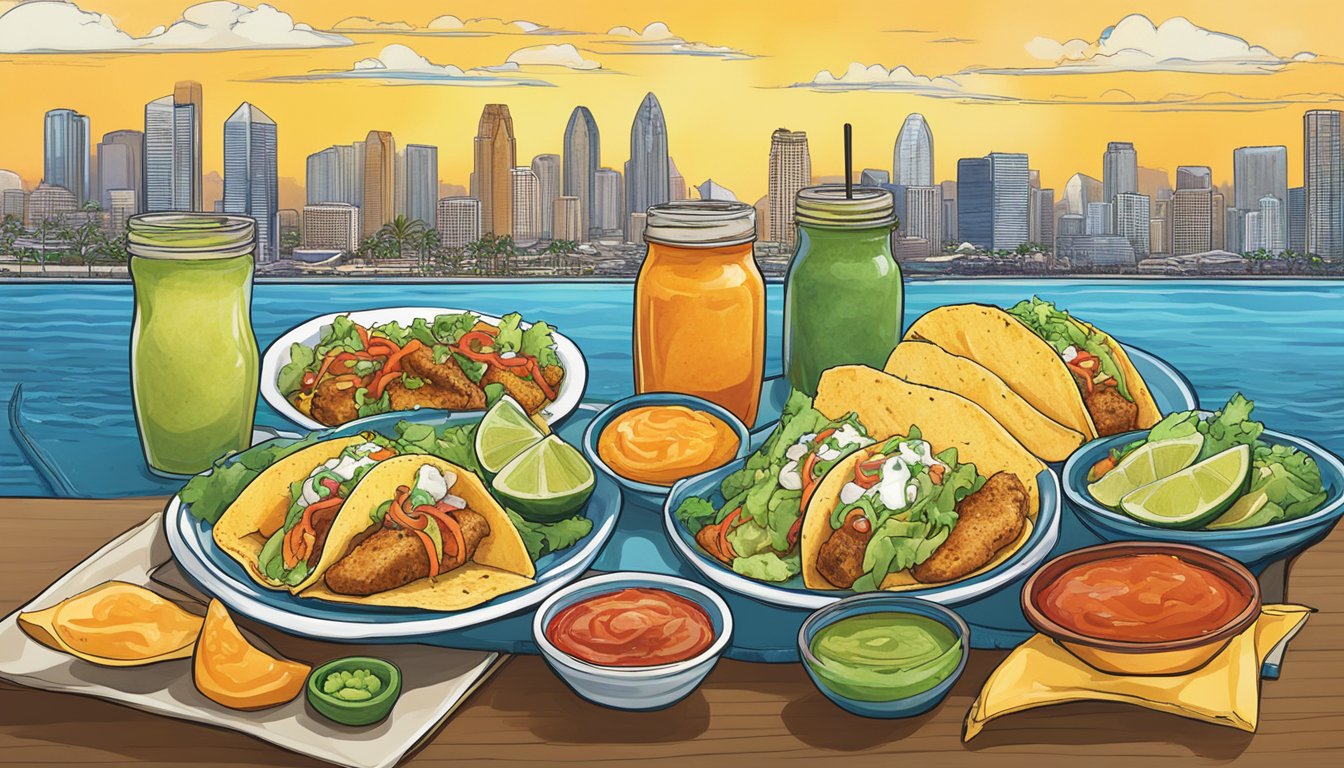 A colorful array of fish tacos, featuring various toppings and salsas, with a background of the San Diego skyline and ocean