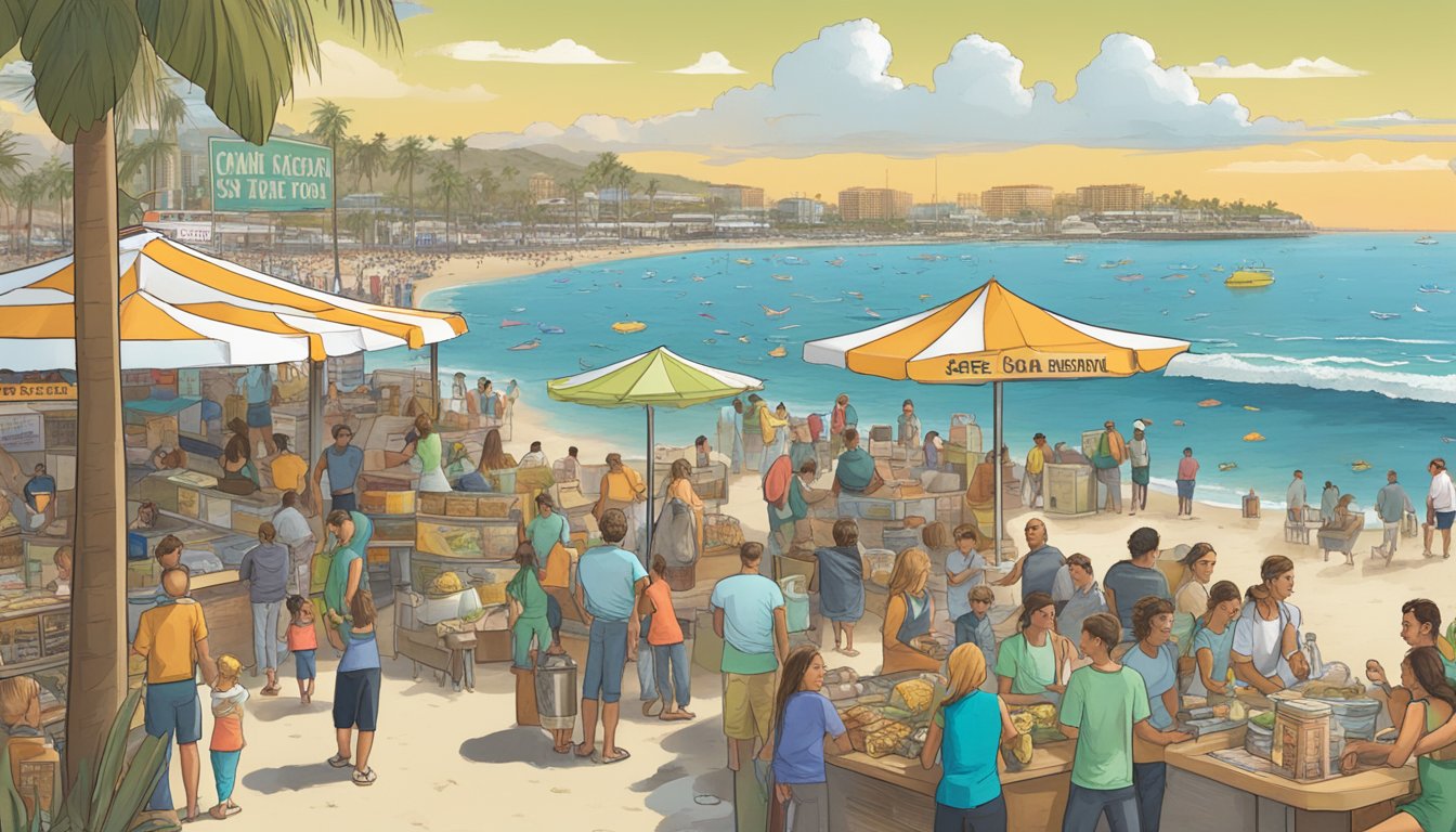 A bustling San Diego beach scene with a fish taco stand, crowded with customers and surrounded by ocean conservation posters