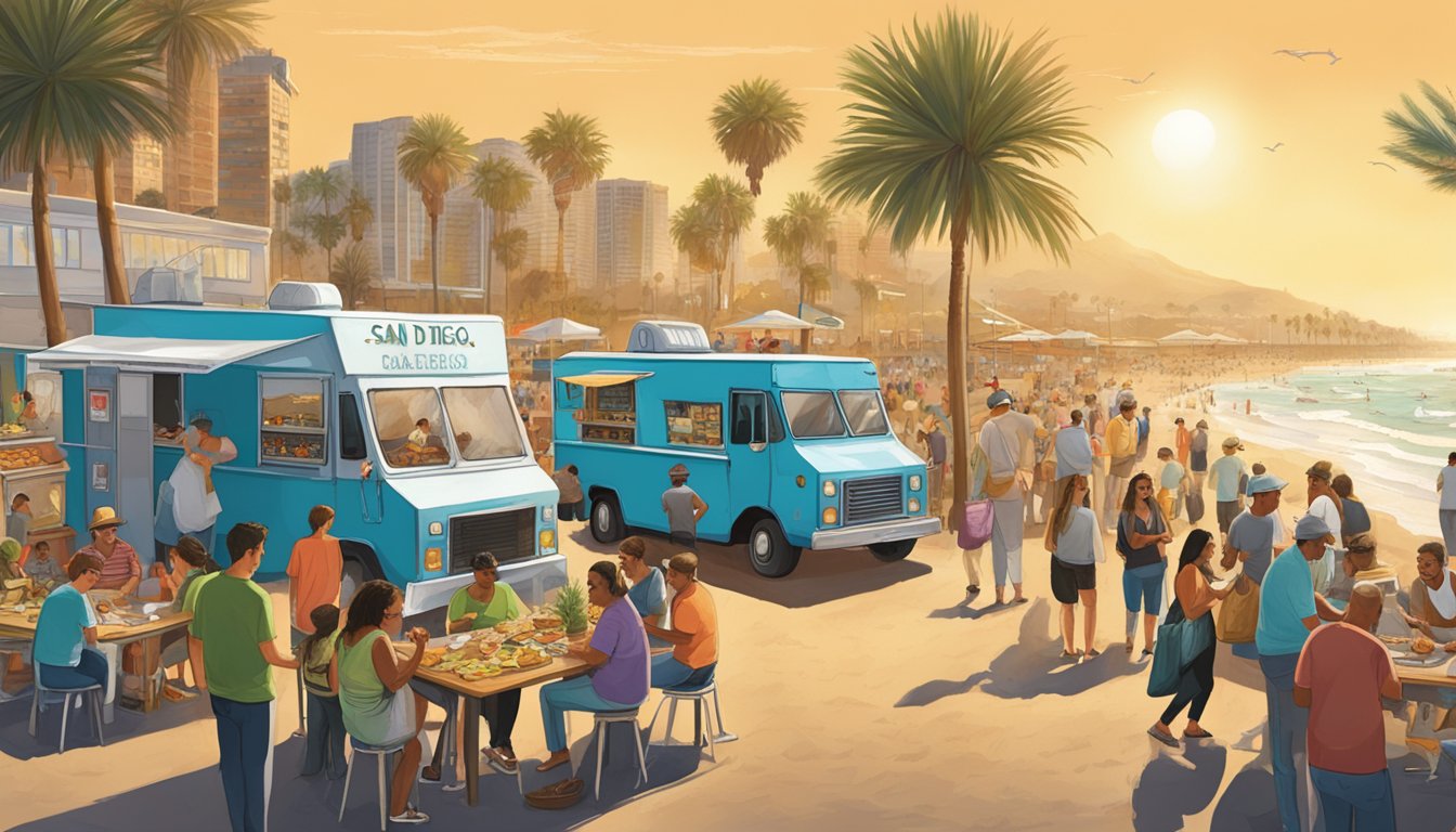 A bustling San Diego beachside scene with food trucks serving up a variety of fish tacos to a crowd of hungry patrons