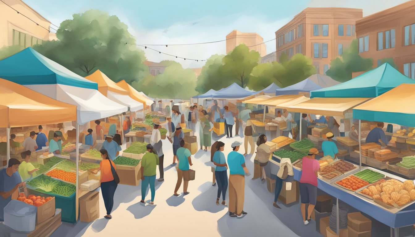 A bustling farmers market with colorful stalls selling locally sourced produce and sustainable seafood, surrounded by taco trucks serving up ethical and delicious creations