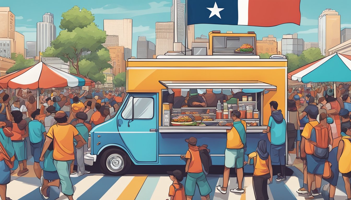 A colorful food truck surrounded by a bustling crowd, with the iconic Texas flag flying in the background