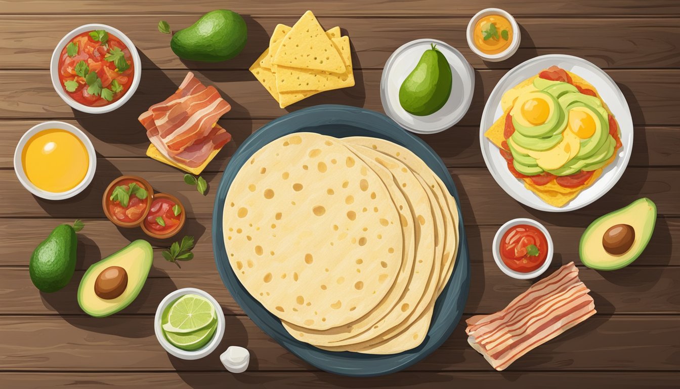 A colorful spread of fresh tortillas, eggs, bacon, cheese, salsa, and avocado on a rustic wooden table