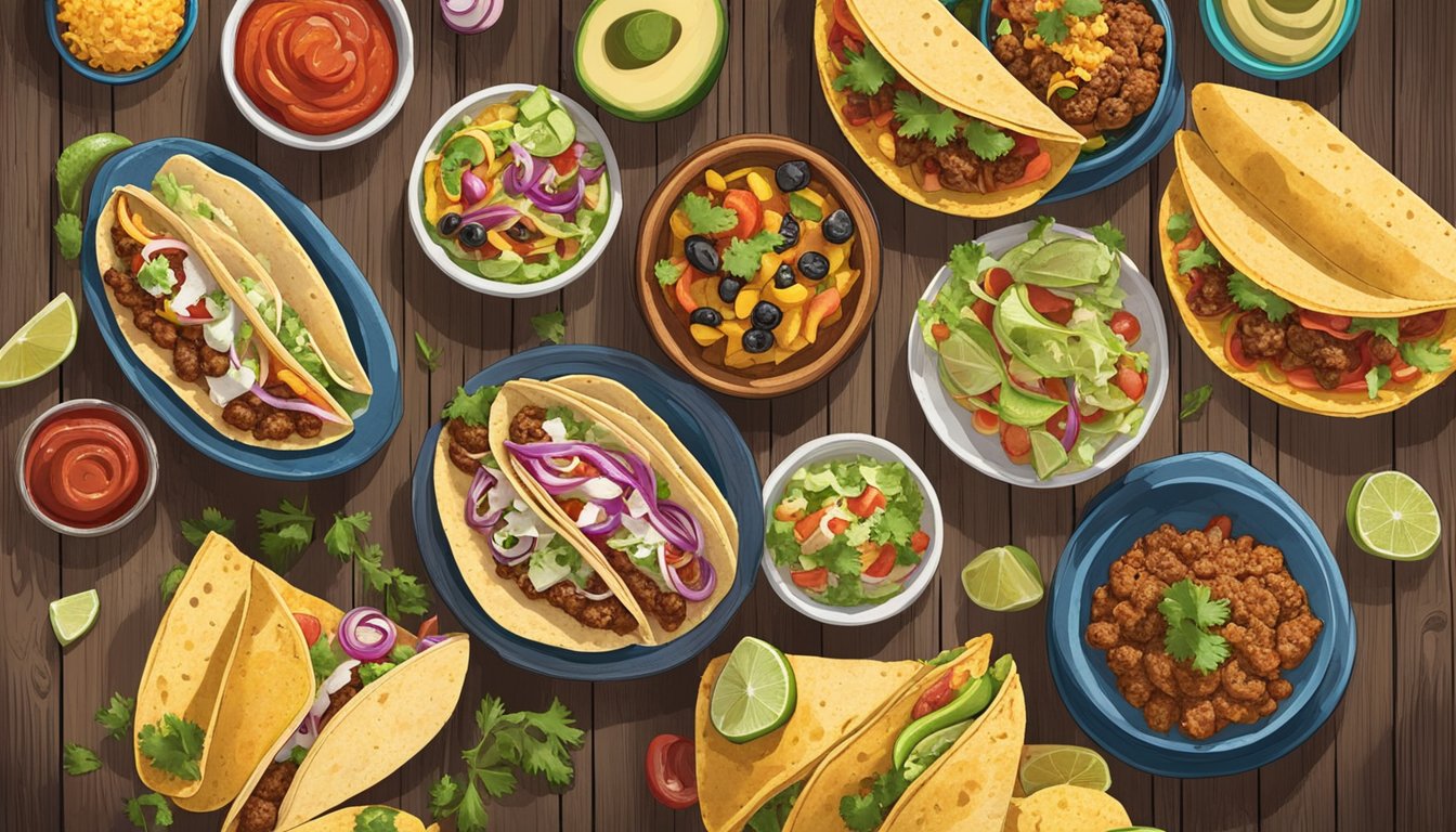 A colorful array of tacos spread out on a rustic wooden table, with various fillings and toppings, showcasing the diverse flavors of the Texas taco tour