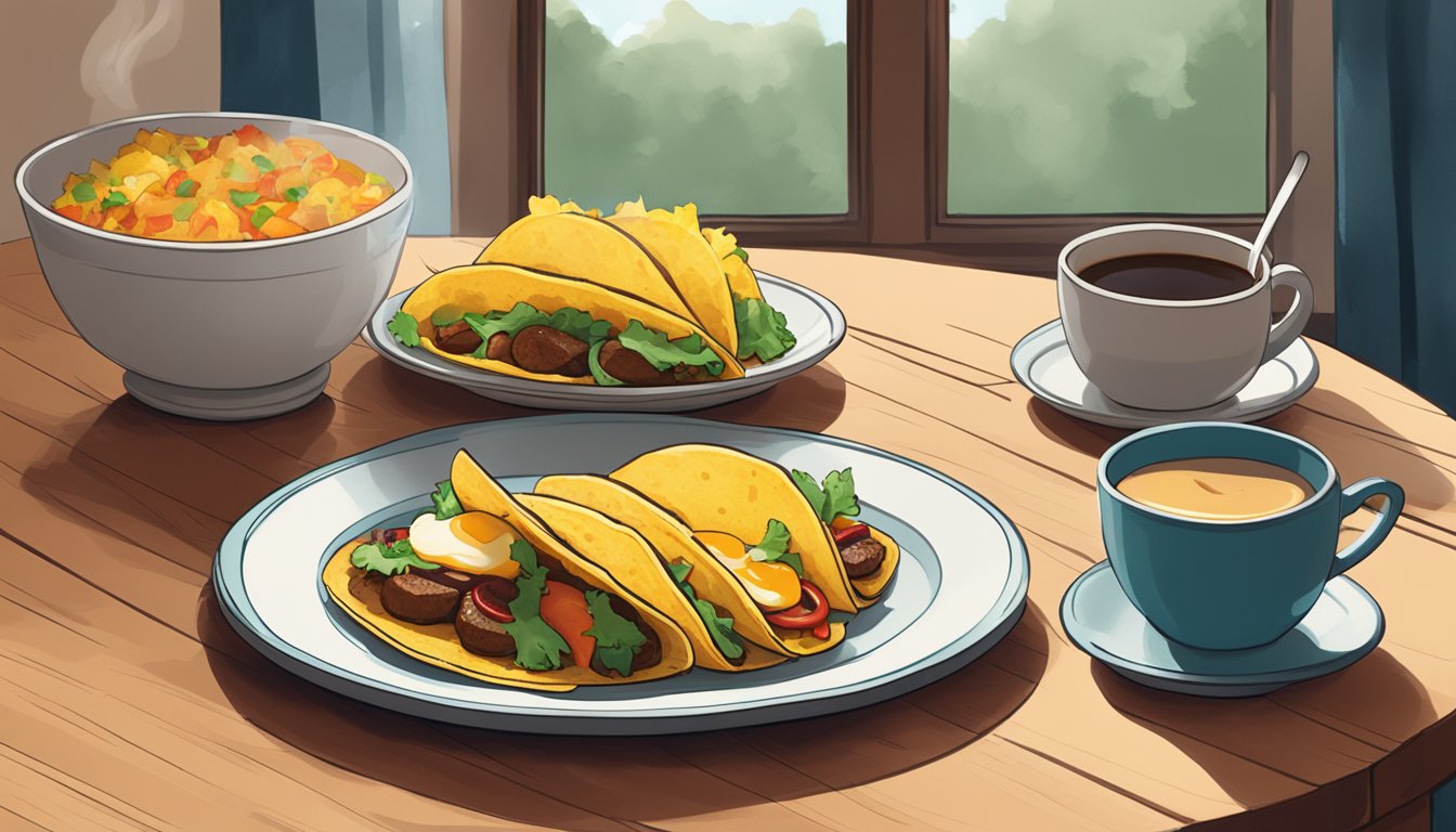 A plate of breakfast tacos sits next to a steaming cup of coffee on a wooden table in a cozy Austin home