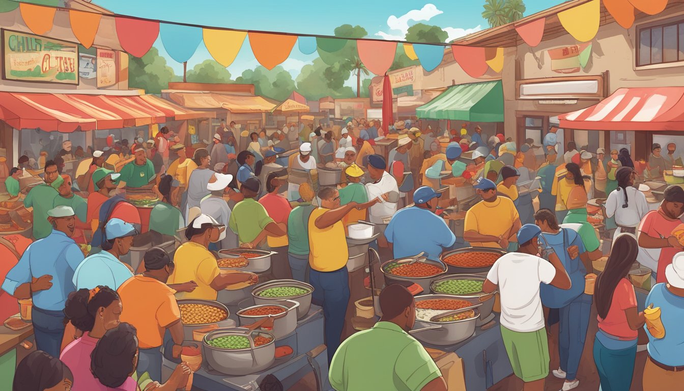 A bustling chili cook-off with steaming pots, colorful banners, and eager tasters at Chili John's in Los Angeles