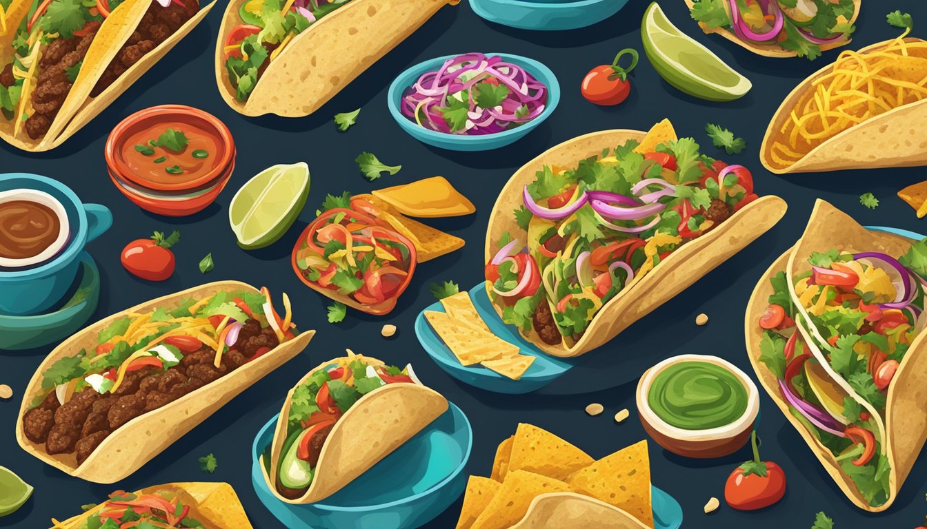 A colorful array of tacos from various regions of Texas, surrounded by vibrant decorations and traditional music