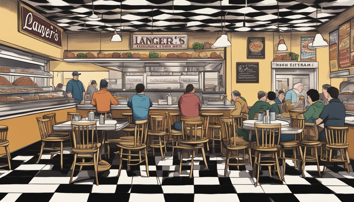 A steaming bowl of No. 19 Pastrami Chili sits on a checkered tablecloth in the bustling interior of Langer's Deli, surrounded by hungry patrons