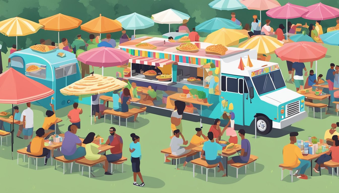 A colorful food truck surrounded by picnic tables and umbrellas, with a line of people waiting to order tacos