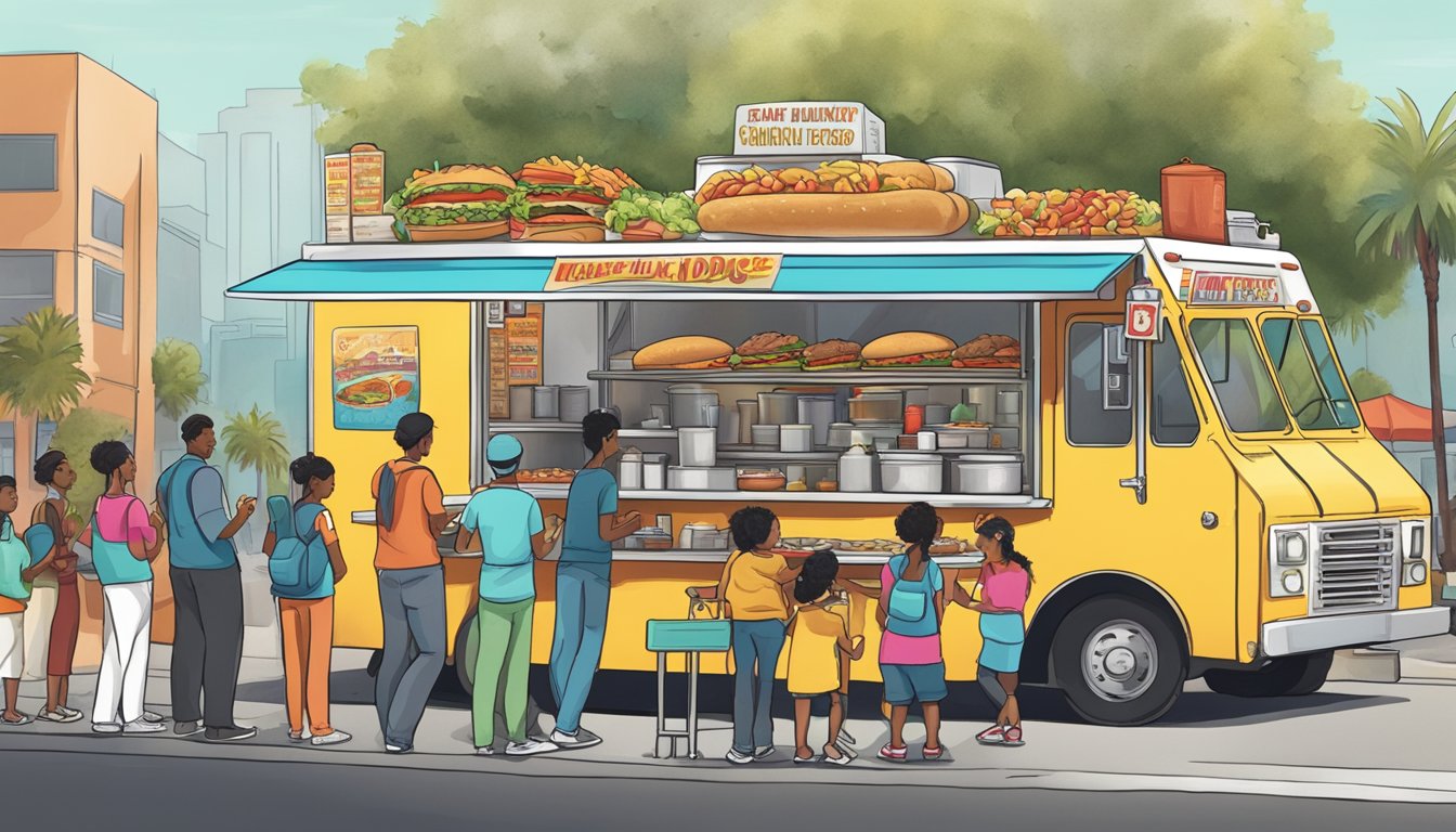 A bustling food truck with a colorful sign serves up steaming hot chili dogs to a line of hungry customers in Los Angeles