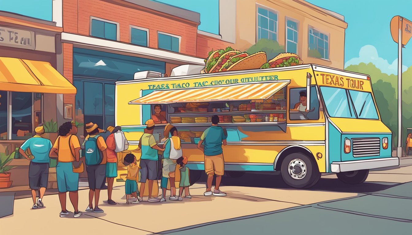 A colorful food truck surrounded by happy customers, with a sign displaying "Texas Taco Tour" and a friendly tour guide explaining taco etiquette