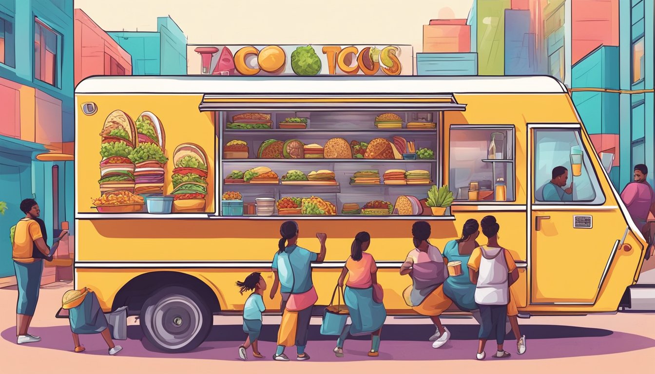 A colorful food truck rally with a variety of tacos and people enjoying the atmosphere