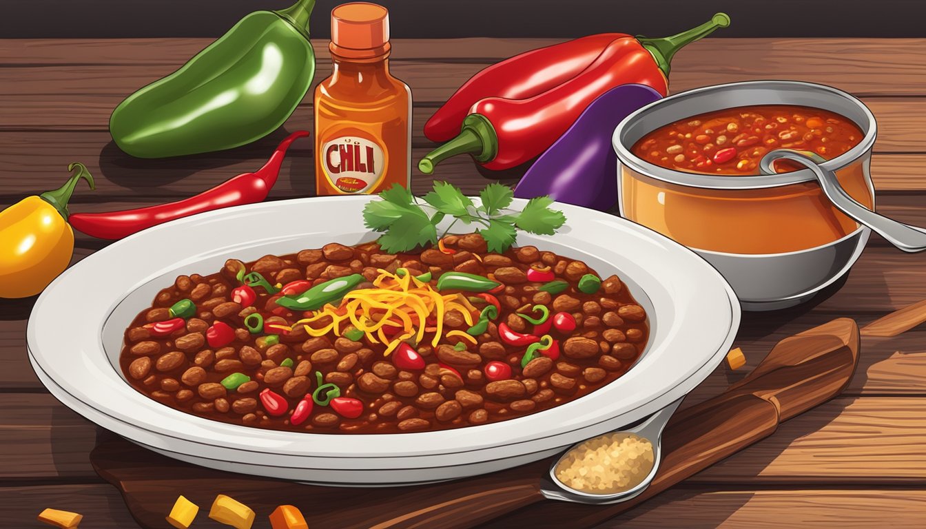 A steaming bowl of chili con carne sits on a rustic wooden table, surrounded by colorful pepper decorations and a bottle of hot sauce