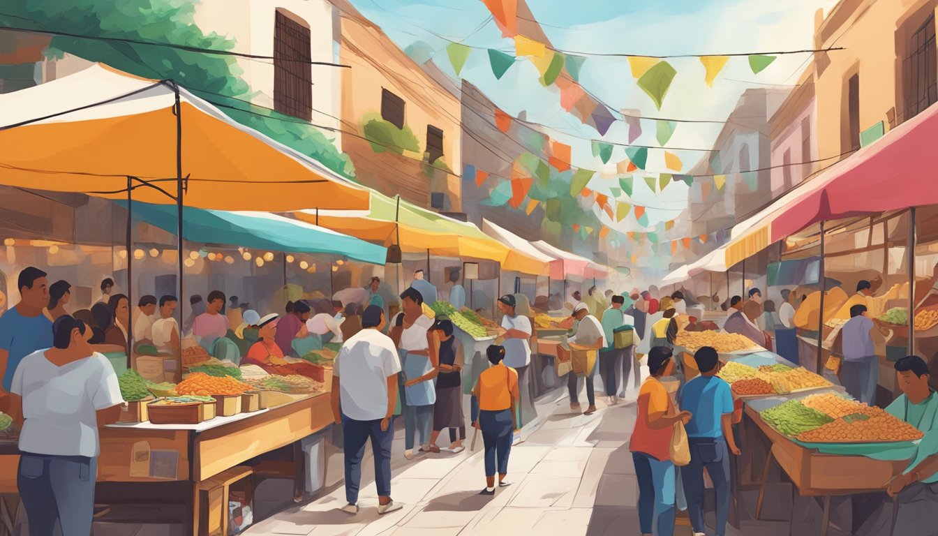 A bustling street market in Mexico City, with colorful food stalls and locals enjoying regional tacos