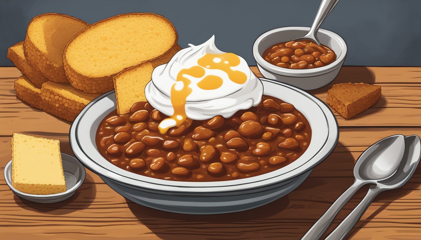 A steaming bowl of classic Texas-style chili sits on a rustic wooden table, surrounded by a stack of cornbread and a dollop of sour cream