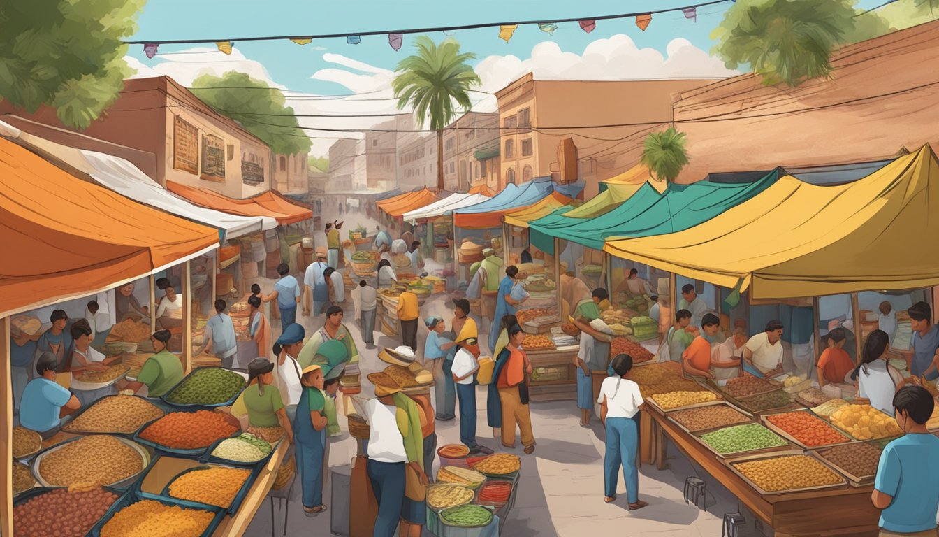 A bustling Mexican marketplace with vendors selling an array of regional tacos, each representing the unique flavors and ingredients of different geographical areas