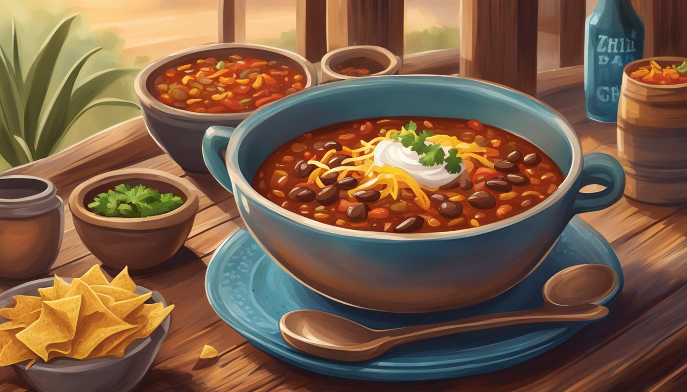 A steaming bowl of Texas-style chili sits on a rustic wooden table in a cozy cafe, surrounded by colorful Southwestern decor