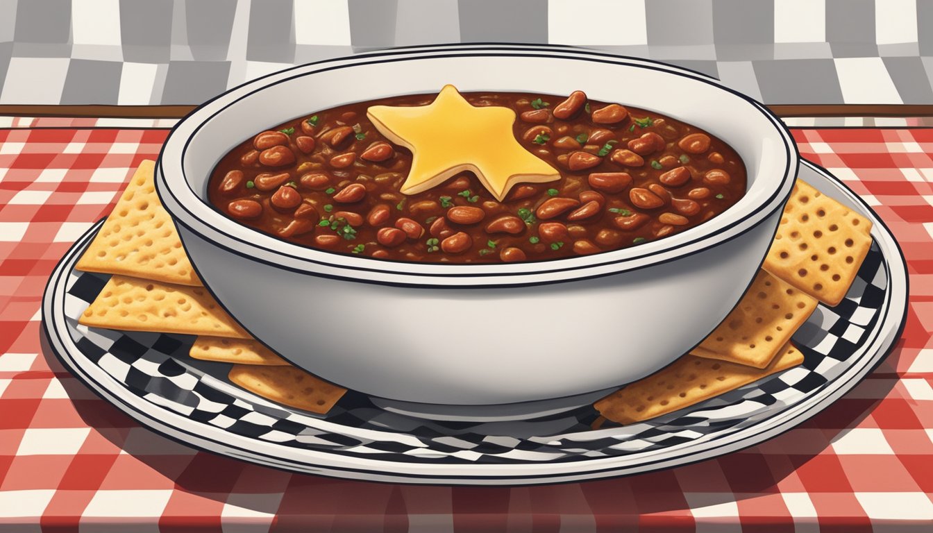 A steaming bowl of Texas-style chili sits on a checkered tablecloth at Philippe The Original in Los Angeles, surrounded by bottles of hot sauce and a stack of saltine crackers