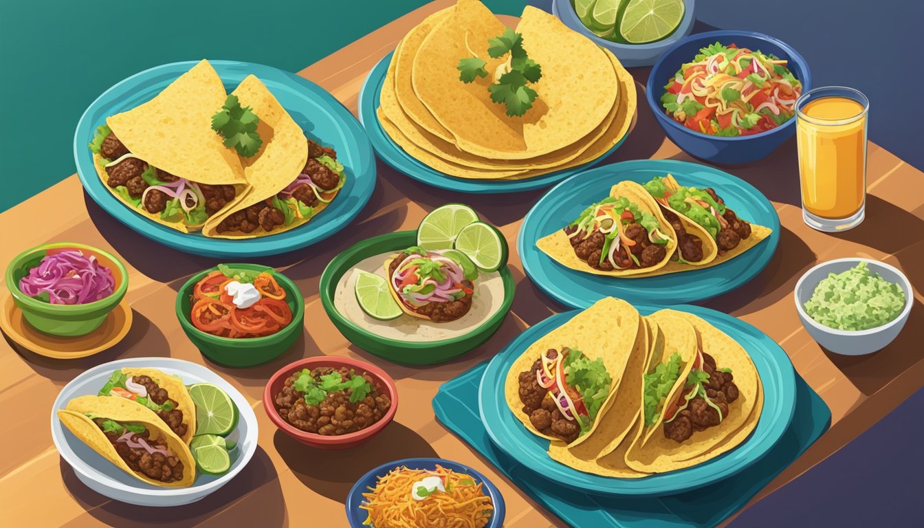 A table with various tacos from different regions of Mexico displayed on colorful plates